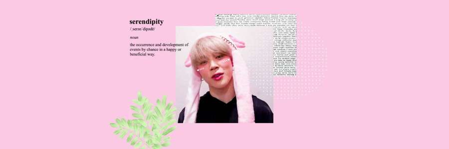Young person in pink bunny ears with leaf and dictionary text on pink background. — Twitter Header Background