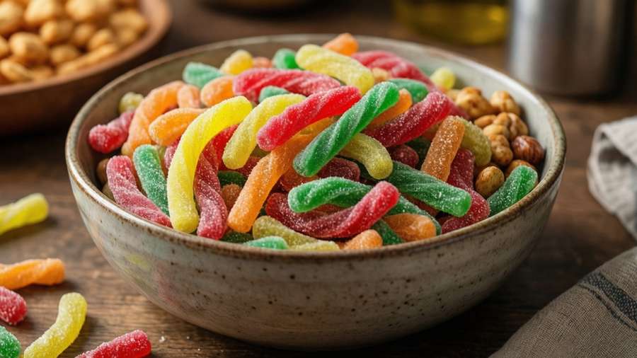 Cozy wallpaper of Twizzlers Nibs in a bowl with snacks. — Twizzlers Picture