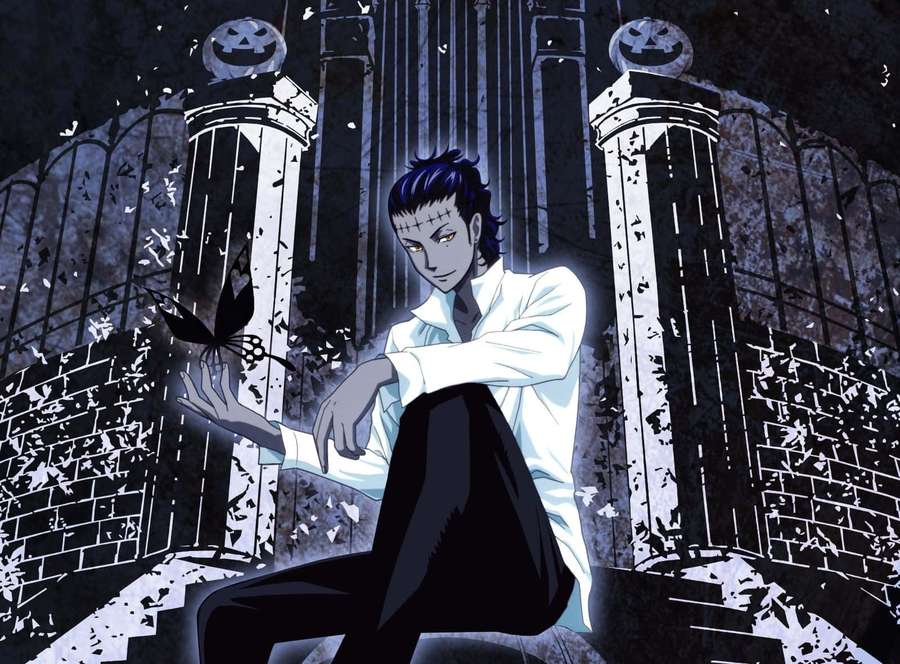 Anime character with dark hair and white coat sitting before a gothic gate with black butterflies. — Tyki Mikk Wallpaper