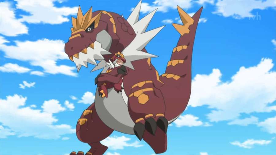 Seorang penunggang di atas naga besar terbang melalui langit biru dengan awan. — Tyrantrum Wallpaper