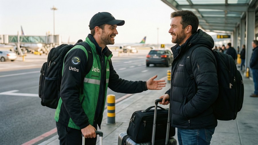 Driver helping passenger with luggage at airport. — Uber Wallpaper