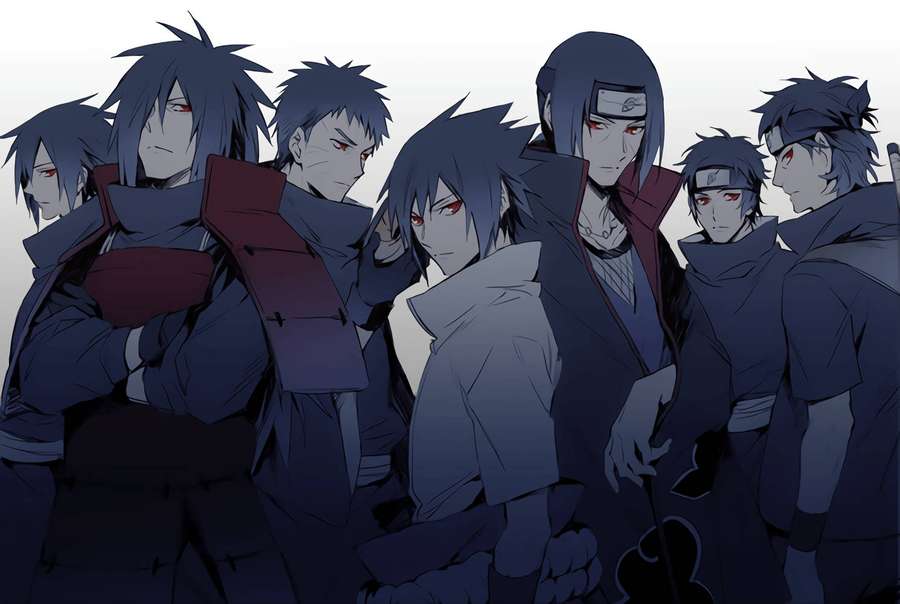 Personaggi ninja anime con occhi rossi e mantelli scuri in un gruppo serio. — Uchiha Sfondi