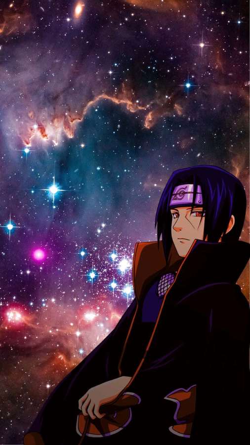 Anime-Figur in dunklem Umhang vor farbenfrohem Sternenhintergrund — Uchiha iPhone Wallpaper