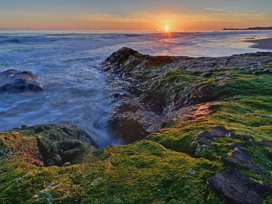 Sonnenuntergang über dem Meer mit moosbedeckten Felsen und brechenden Wellen — Ucsb Bilder