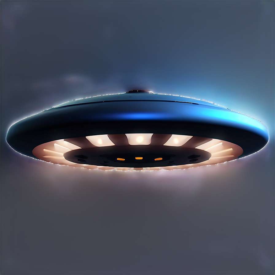 A glowing UFO with blue and gold lights hovers in a misty twilight sky. — Ufo PNG