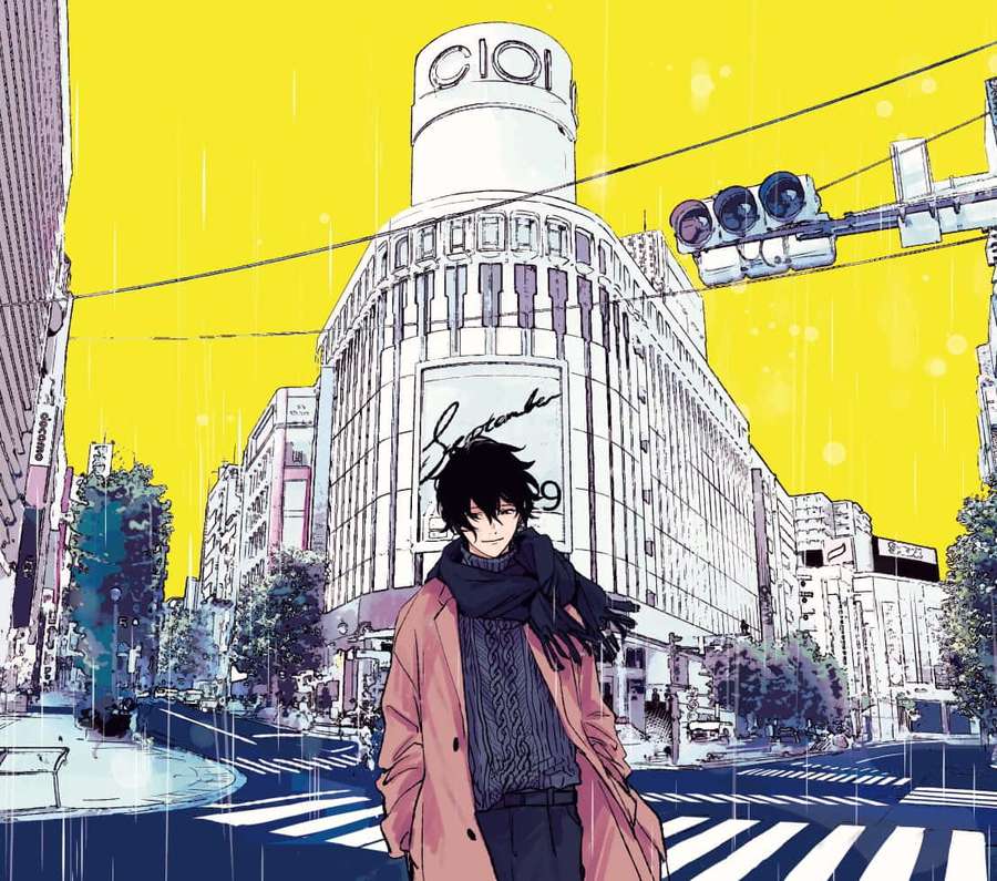 Anime-Junge in rosa Mantel steht auf regnerischer Tokioter Straße unter gelbem Himmel. — Ugetsu Murata Wallpaper