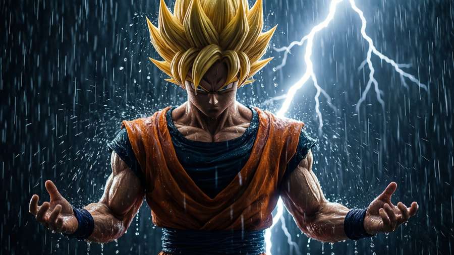 Goku stands in a rainstorm, lightning illuminates his Ultra Instinct silhouette. — Ui Goku Wallpaper