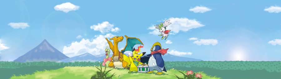 Pikachu Charizard y Piplup en un campo de hierba con montañas y nubes bajo un cielo azul. — Ultra Ancho Fondos de pantalla