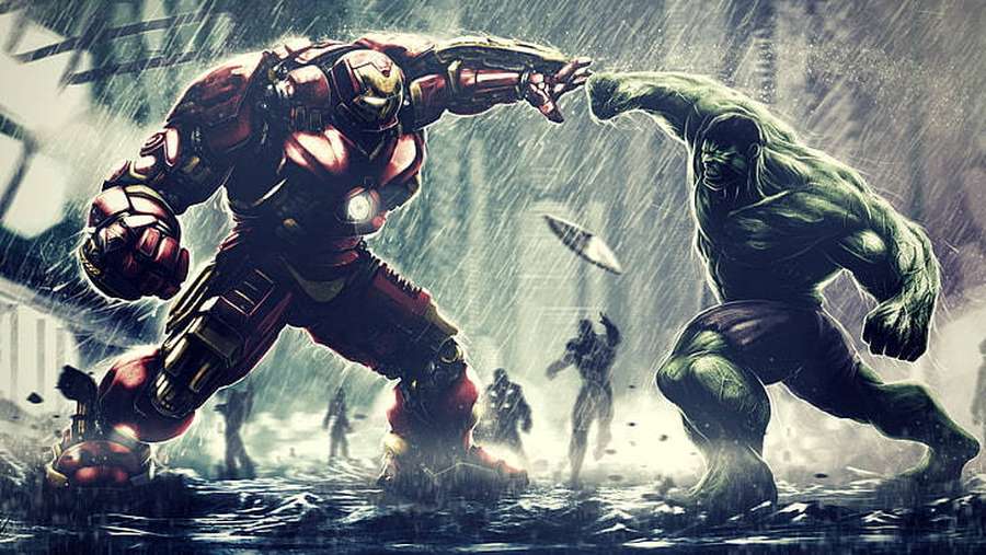 Iron Man und Hulk kämpfen auf einer regennassen Stadtstraße mit fliegenden Trümmern. — Ultron Hintergrundbild