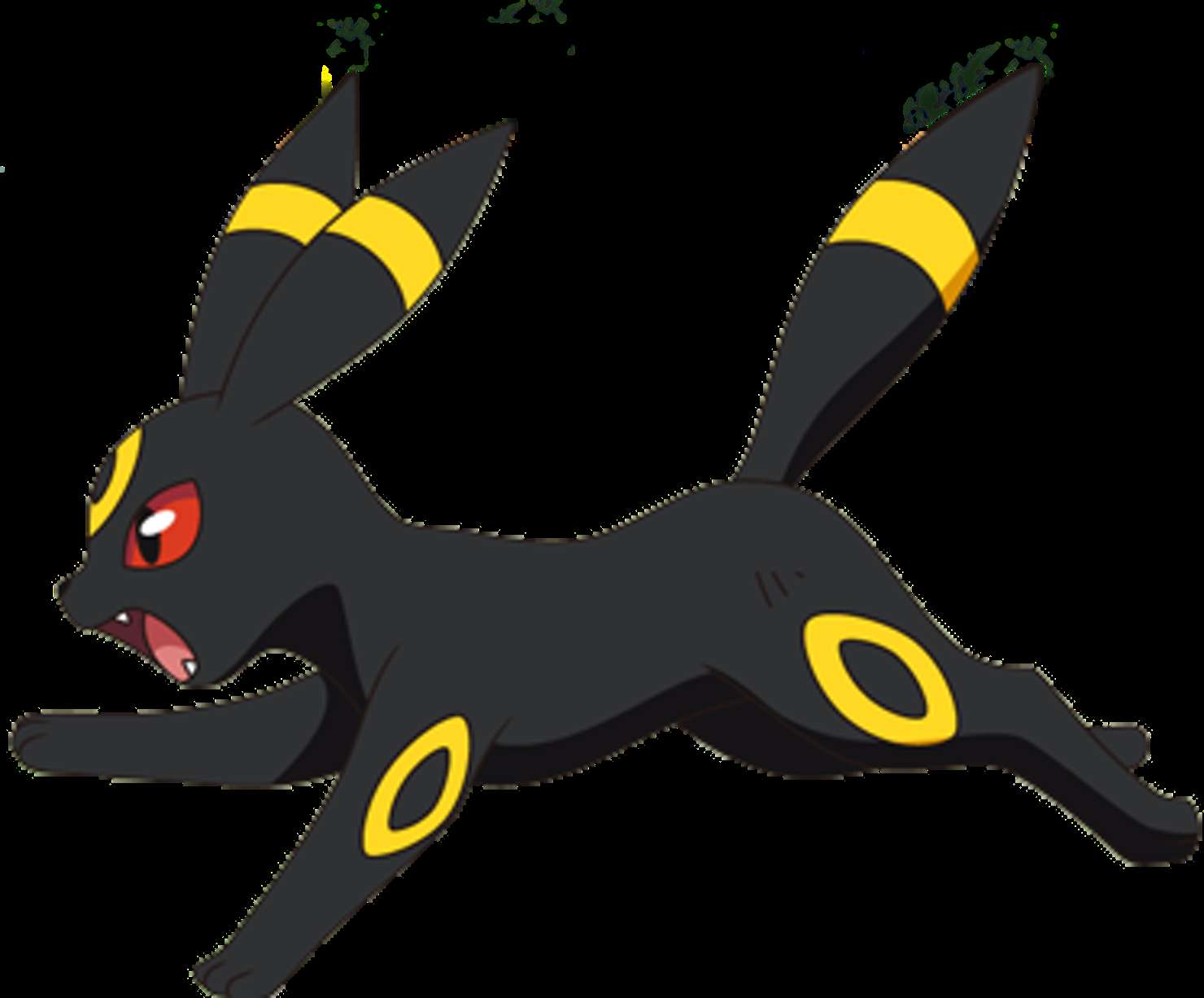 Black and yellow Umbreon Pokémon running with glowing red eyes. — Umbreon PNG
