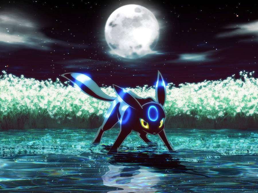 Umbreon glowing in water under a full moon with glowing grass behind. — Umbreon Wallpaper