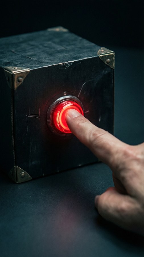 A finger pressing a glowing red button on a mysterious black box, sci-fi suspenseful. — Unboxing Wallpaper