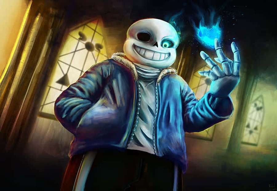 Schädelgesichts-Anime-Charakter hält leuchtend blaues Herz in dunklem Raum mit Buntglasfenstern. — Undertale Desktop Wallpaper