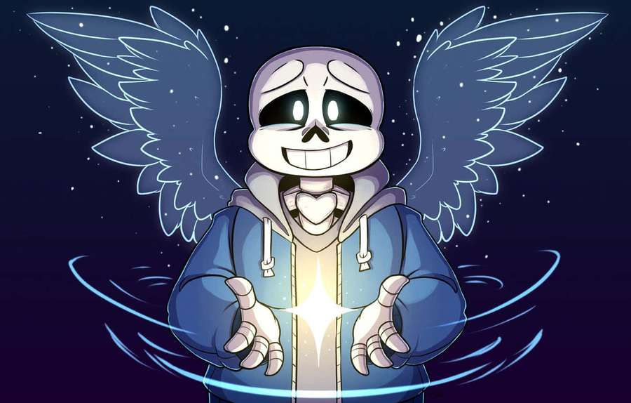 A smiling skeleton with wings and hoodie holds a glowing star in a starry night sky. — Undertale Sans Wallpaper