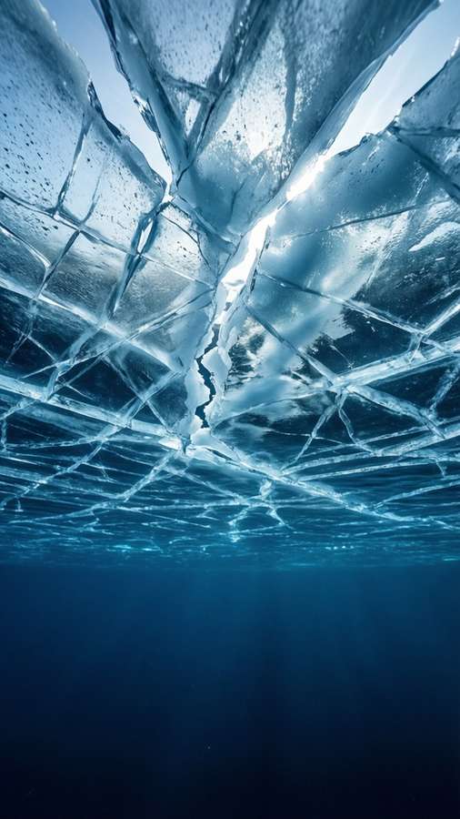 An underwater view of a frozen ocean surface with cracks and light entering, cold icy texture. — Underwater Ocean HD Picture