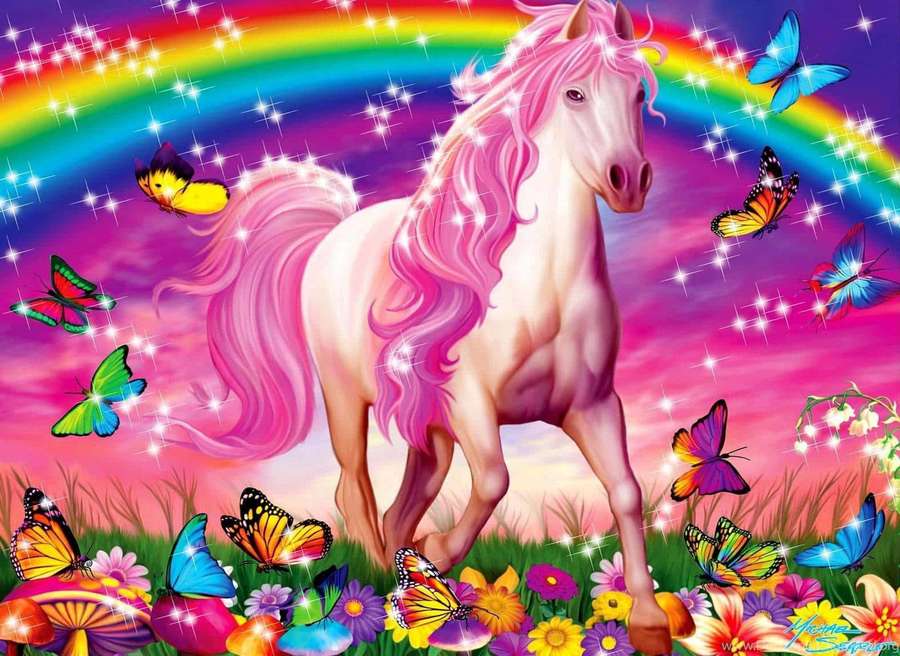 A pink-haired unicorn in a colorful meadow with butterflies and a rainbow. — Unicorn Picture