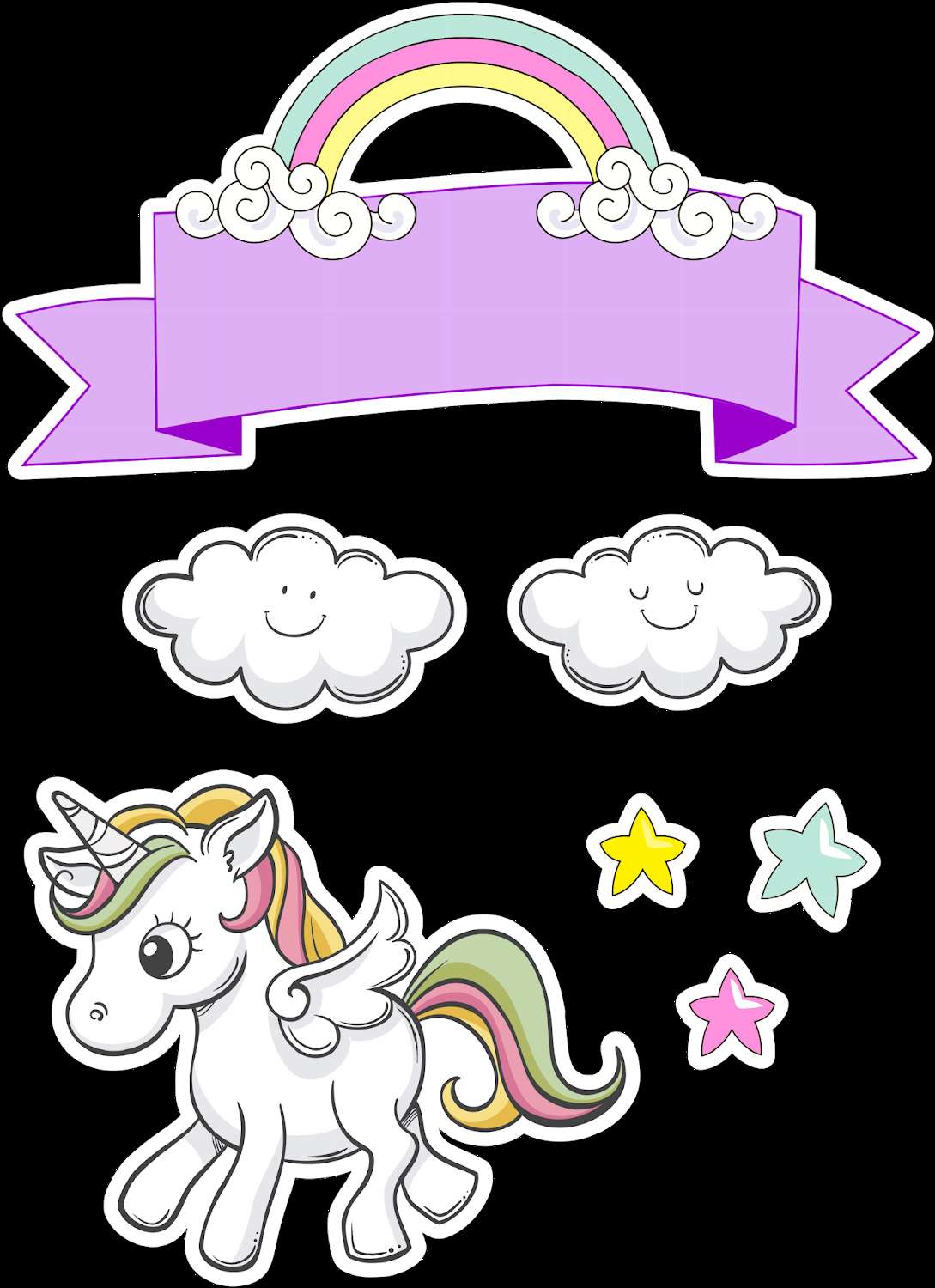 A cartoon unicorn with rainbow mane and wings under smiling clouds and a rainbow. — Unicornio PNG
