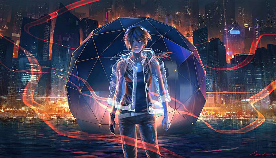Animehahmo hehkuvin silmin ja futuristisessa asussa seisomassa neonkaupungissa yöllä. — Uniikki HD Taustakuvat