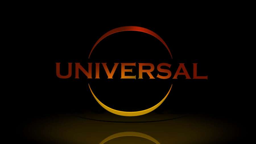 Universal logo with orange and gold glow on black background with reflection — Universal Background