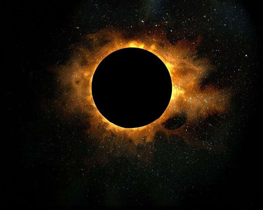 A solar eclipse with a glowing corona against a starry sky. — Universe Background