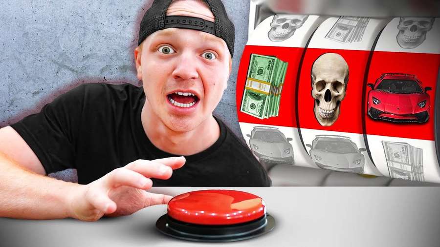 Man pressing a red button as a slot machine shows skulls cash and a red car. — Unspeakable Wallpaper