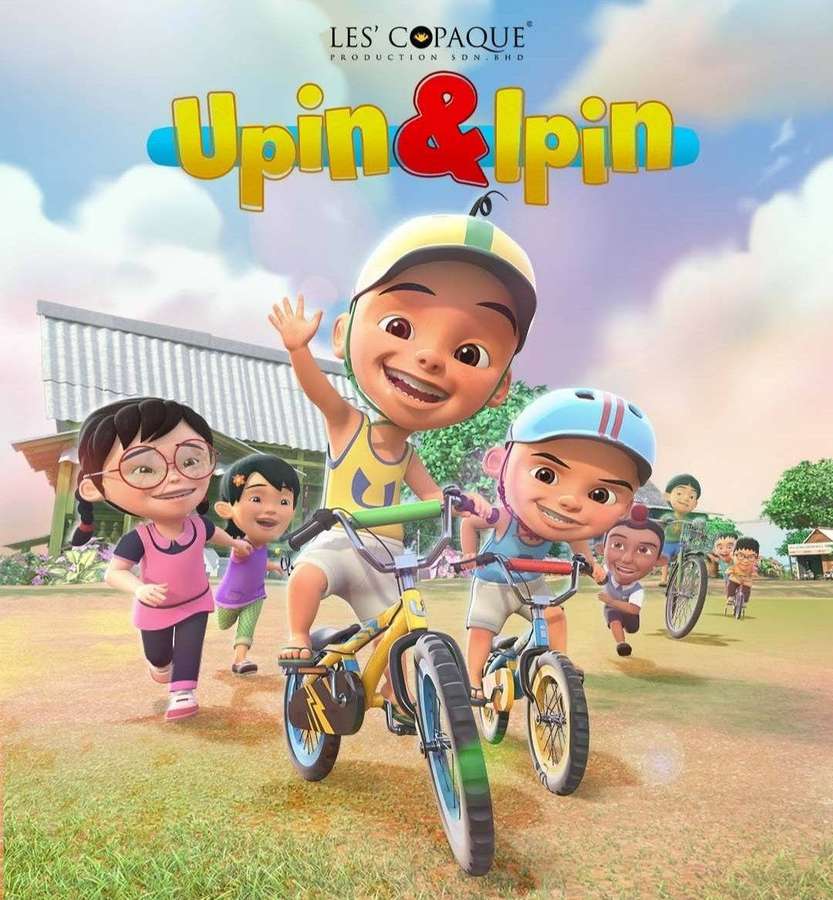 Children riding bicycles in a sunny village with smiling faces. — Upin Ipin Wallpaper