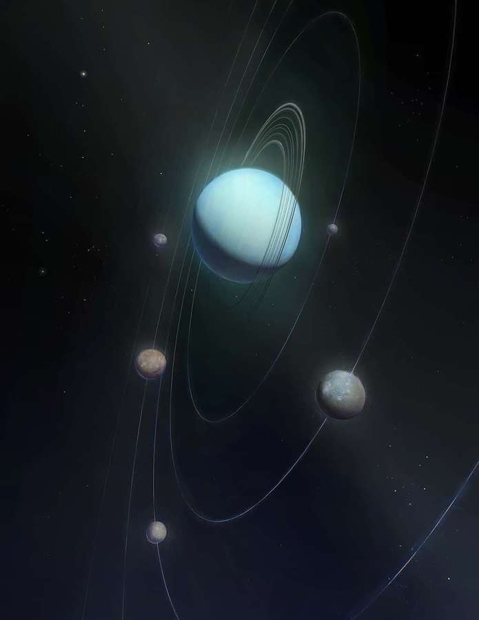 Ein blauer Planet mit Ringen und Monden in einer sternenübersäten Weltraumszene. — Uranus Bilder