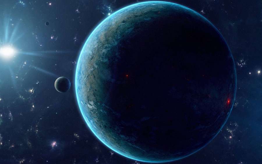 A blue planet with red spots orbits a bright star with a moon and starfield. — Uranus Wallpaper