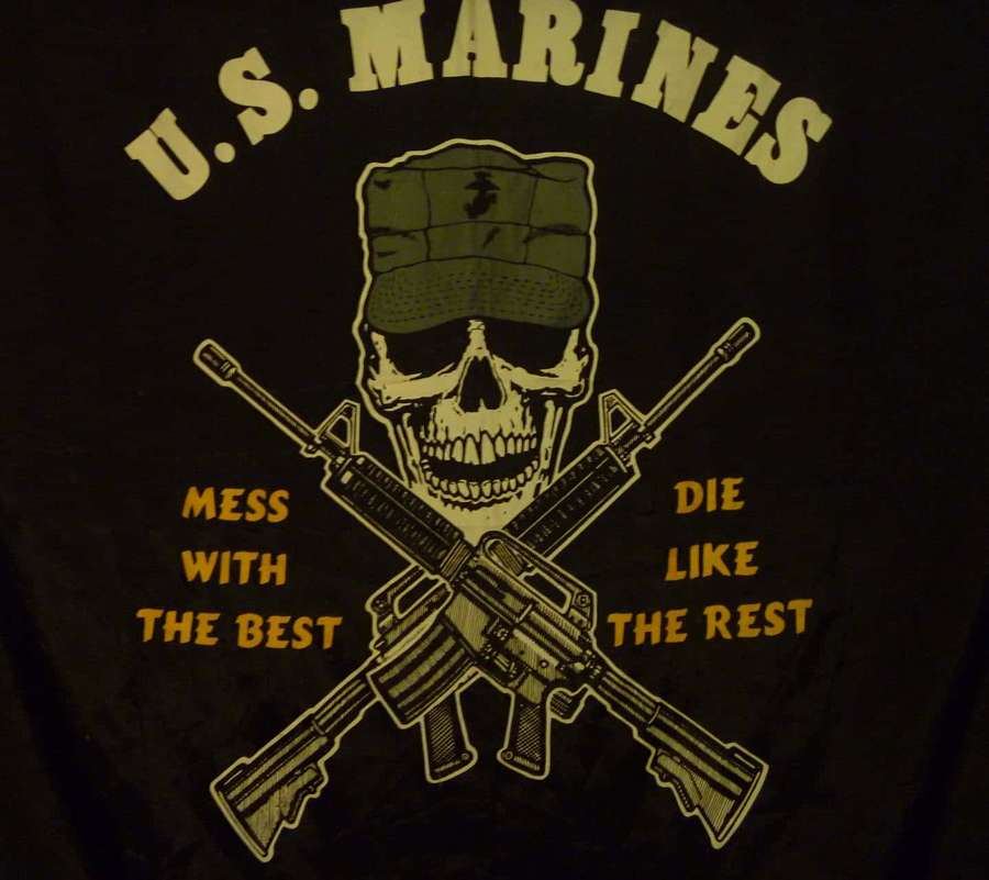 Black t-shirt with U.S. Marines skull and rifle graphic and bold yellow text. — US Marines Background