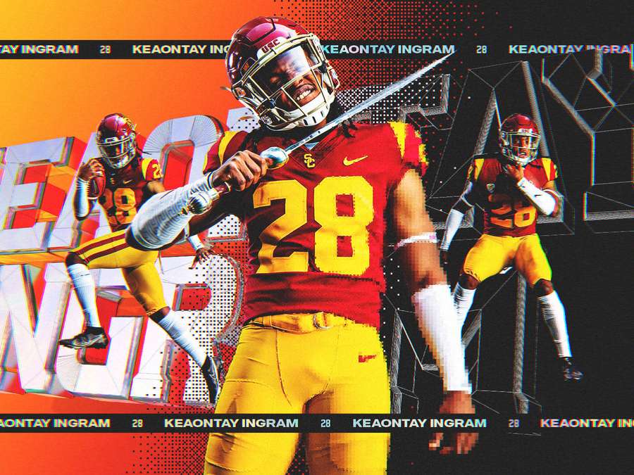 Fußballspieler Keaontay Ingram in roter und goldener Uniform, der ein Schwert in einem stilisierten Grafikdesign hält. — Usc Bilder