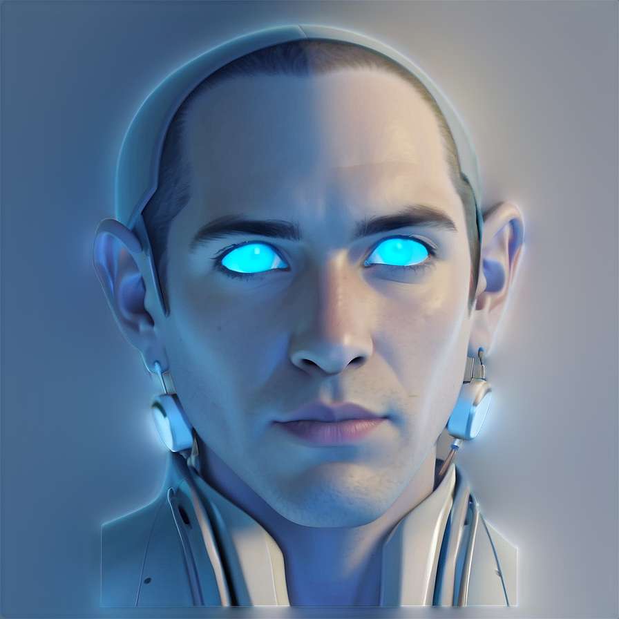 Close-up of a humanoid robot with glowing blue eyes and cybernetic implants. — User Avatar PNG