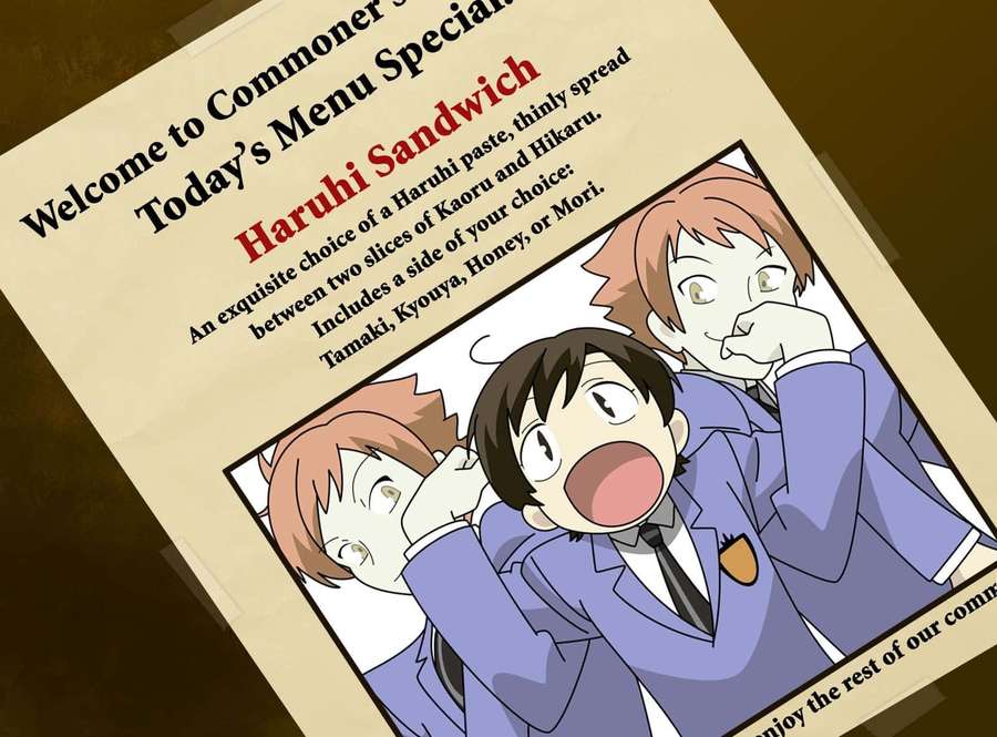 Anime menu featuring characters in school uniforms promoting a sandwich named after Haruhi. — Ushijima Wakatoshi Picture