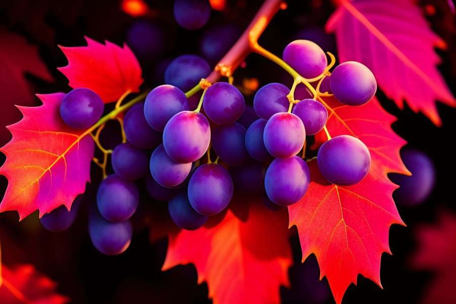 Racimo de uvas moradas con hojas de arce rojas en otoño. — Uvas Moradas Fondos de pantalla