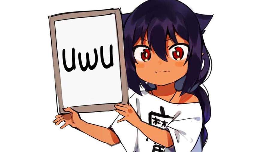Anime-Mädchen mit Katzenohren hält ein Schild mit der Aufschrift 'UWU' — Uwu Wallpaper