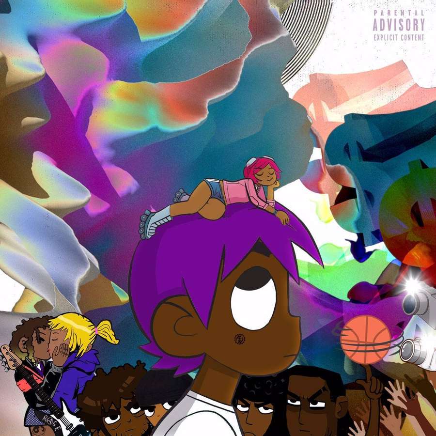 Anime characters with purple hair and pink girl on head, surrounded by colorful abstract shapes and crowd. — Uzi Wallpaper
