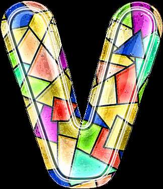 A colorful stained glass letter V with water droplets and geometric patterns. — V PNG