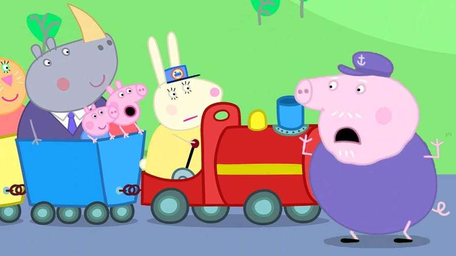 Peppa Possu ja ystävät punaisella junalla yllättyneen konduktöörin kanssa. — Vaarin Sika Taustakuvat