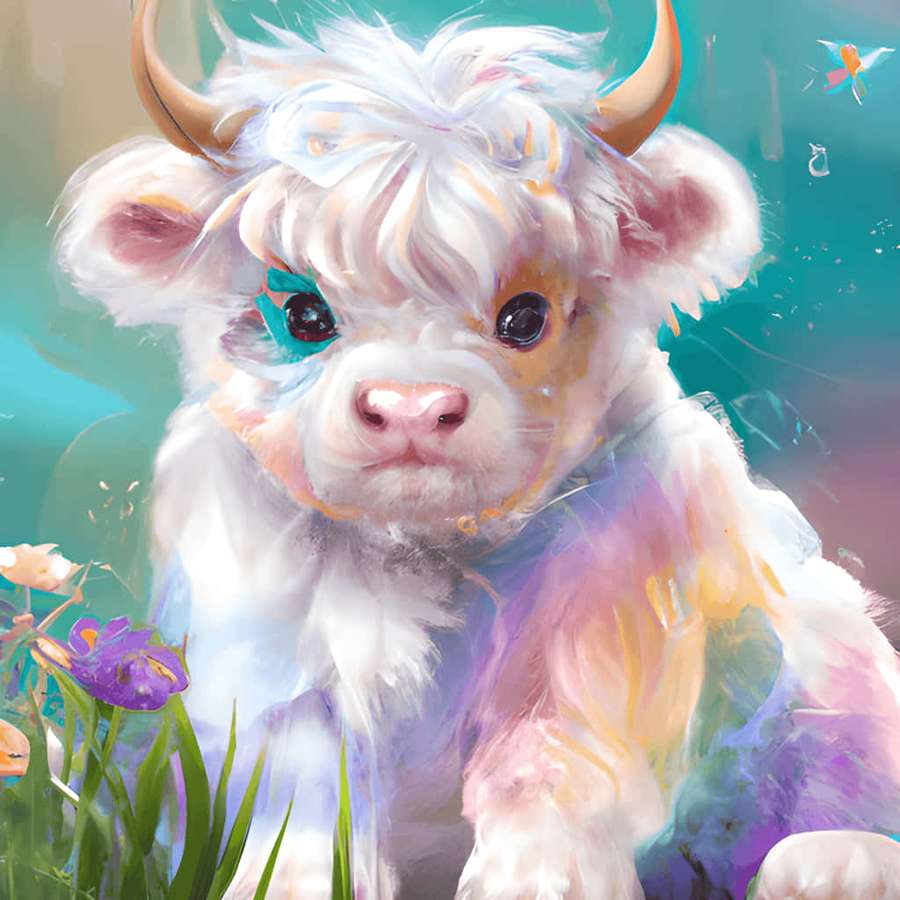 Un ternero colorido con pelaje arcoíris y un ojo verde azulado se sienta entre flores moradas. — Vaca Esponjosa Estético Fondos de pantalla