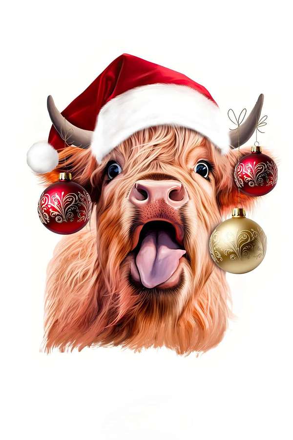 Una vaca de las tierras altas con un gorro de Papá Noel y adornos navideños alrededor de los cuernos. — Vaca Navideña Fondos de pantalla