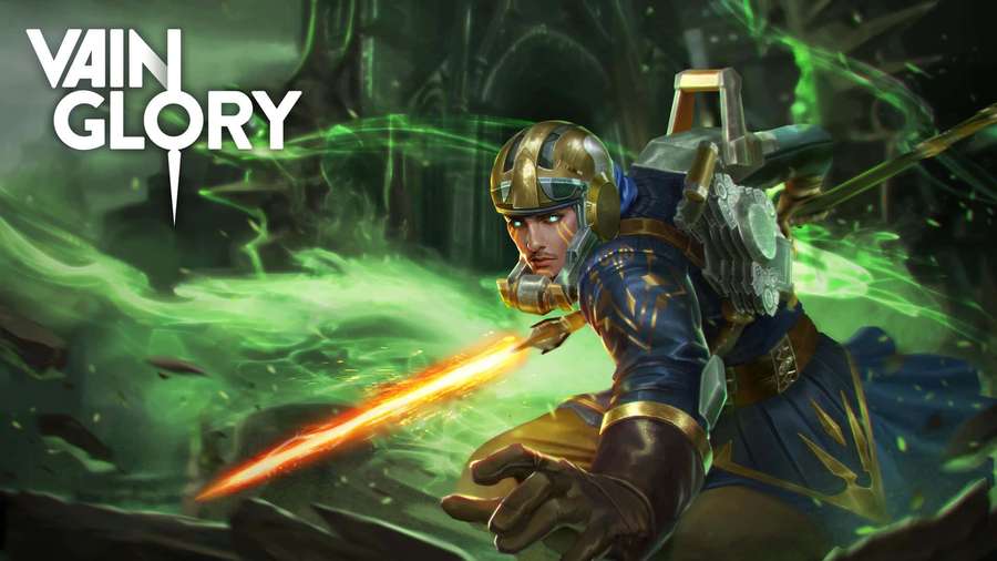 Warrior in blue and gold armor wields glowing blade amidst green energy in fantasy game scene. — Vainglory Wallpaper