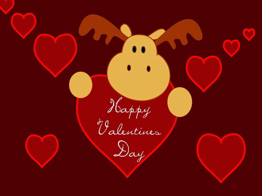 A cartoon moose holding a heart with Valentine's Day message surrounded by hearts. — Valentines Wallpaper