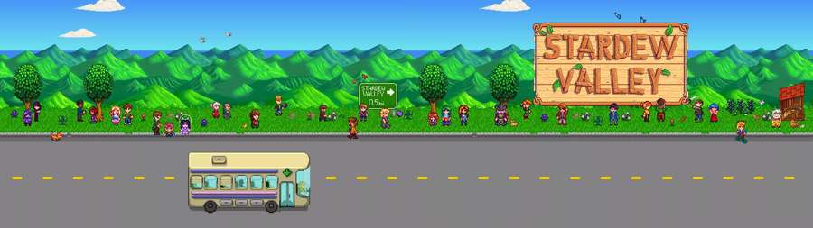 Een pixelbus passeert een Stardew Valley-bord met zwaaiende dorpelingen bij groene heuvels. — Valley Achtergronden