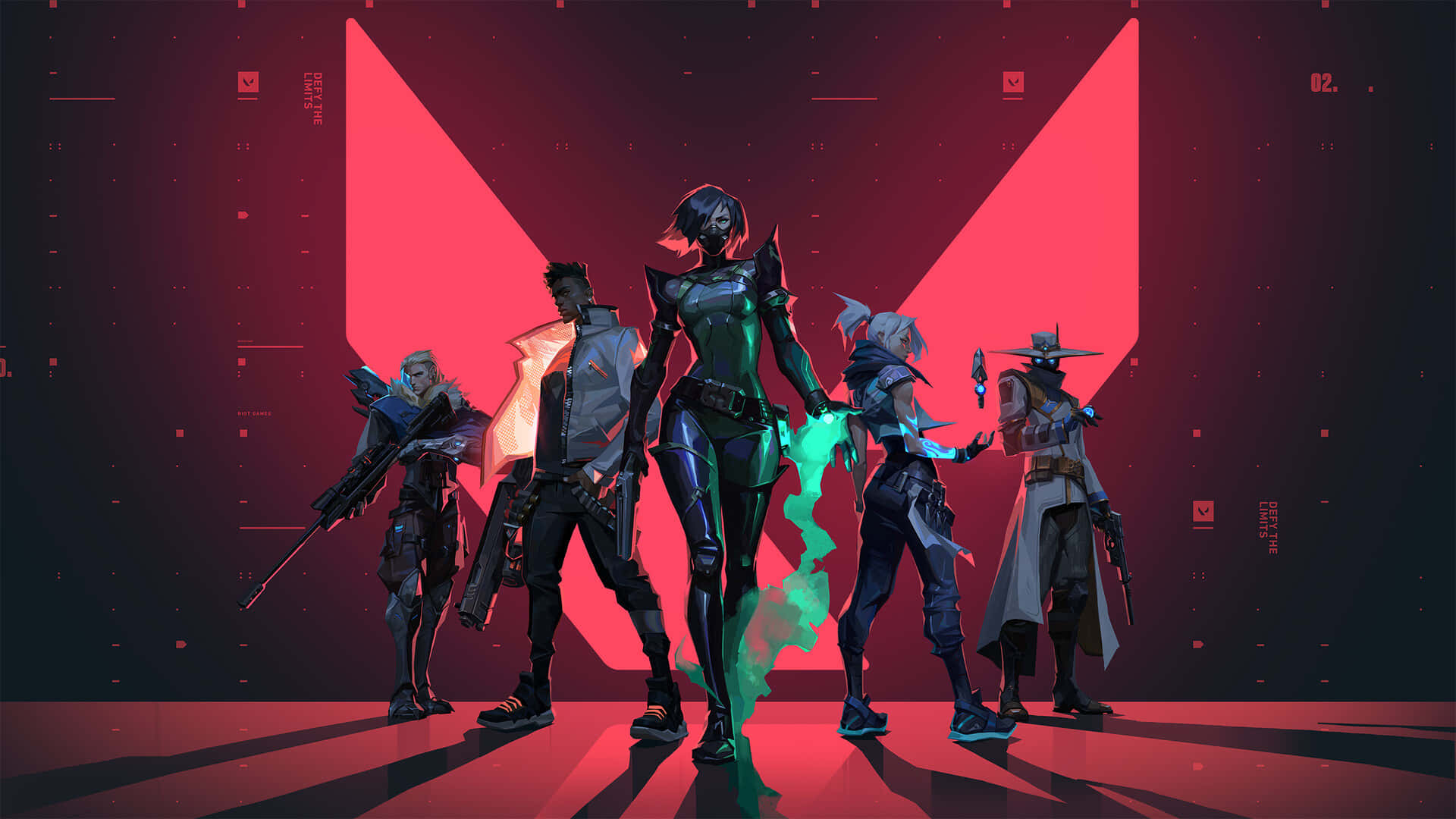 Fem cyberpunk-krigere i glødende rustning står klare i en neonbelyst digital arena. — Valorant Bakgrunner