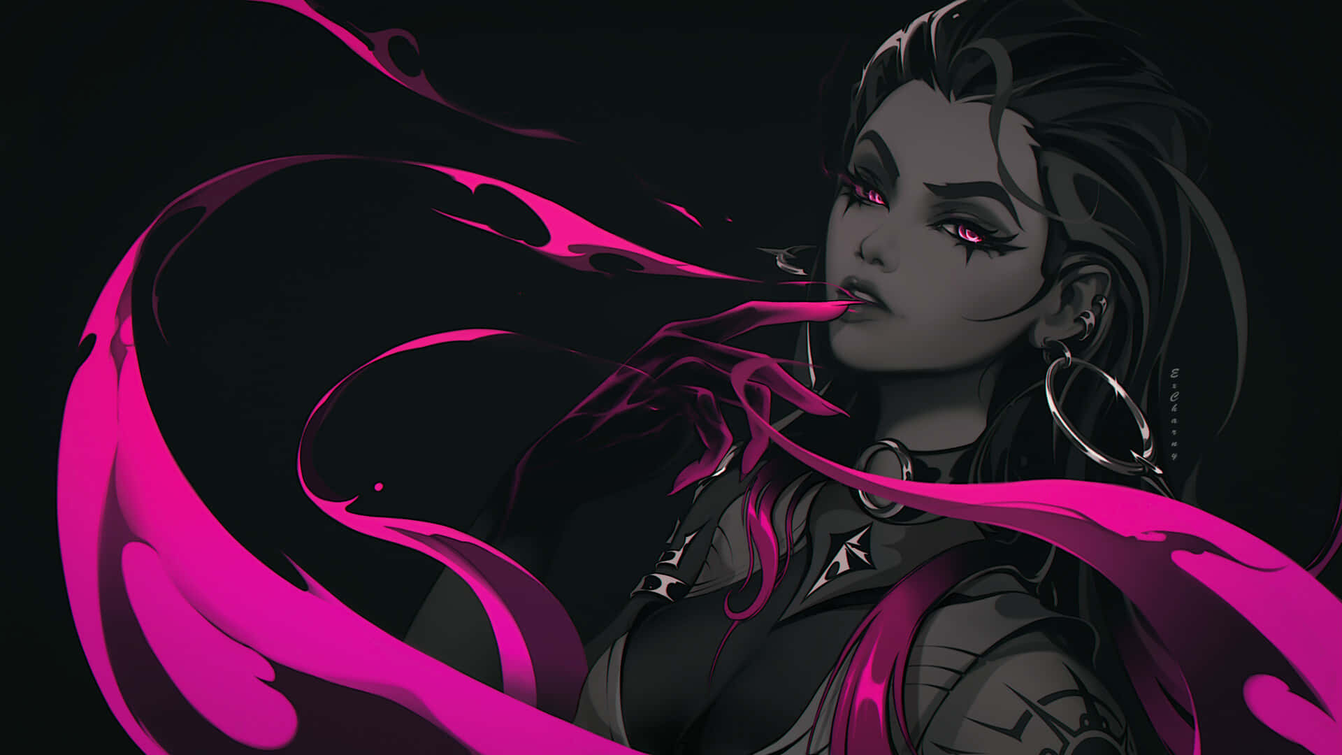 Anime-hahmo, jolla on vaaleanpunaiset silmät ja pyörteilevä magenta-energia mustaa taustaa vasten. — Valorant 4K Taustakuvat