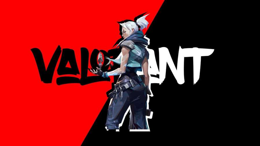 Valorant game character in red and black background with logo — Valorant Desktop Wallpaper