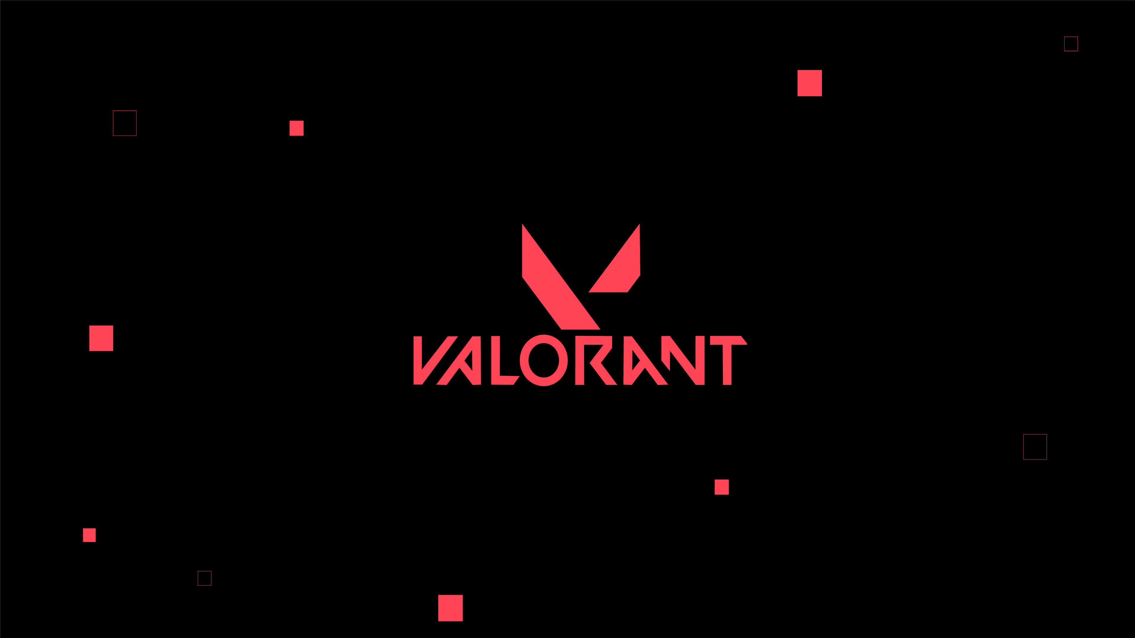 Red Valorant logo with floating squares on black background. — Valorant Logo Background