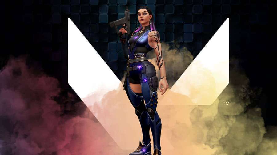 Female warrior in blue armor holding a gun under glowing V-shaped light with smoke. — Valorant Thumbnail Wallpaper
