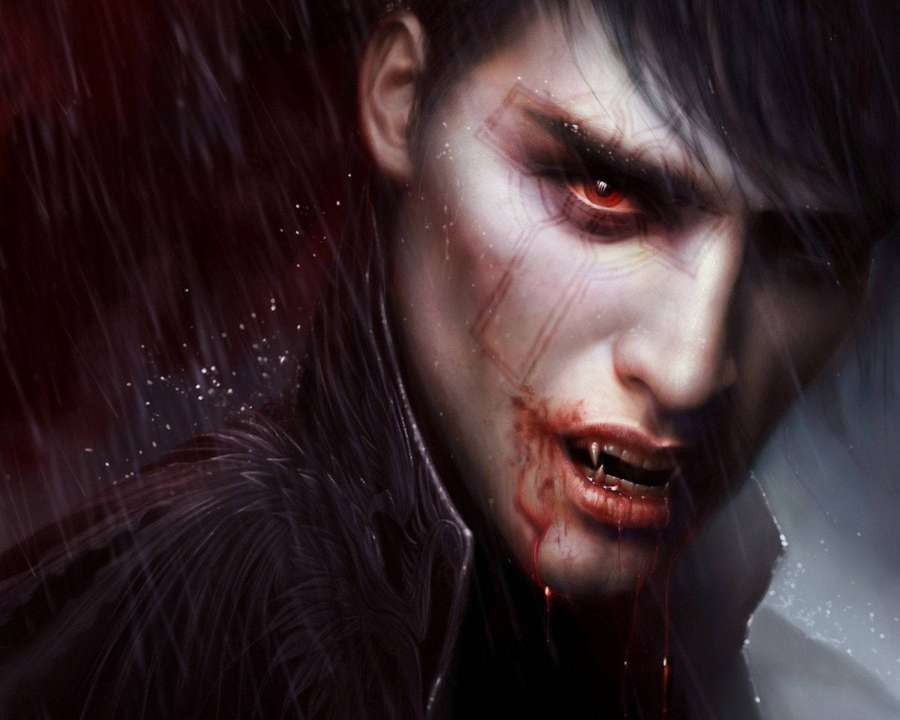 Vampire with red eyes and blood dripping from fangs in rainy setting. — Vampire Wallpaper