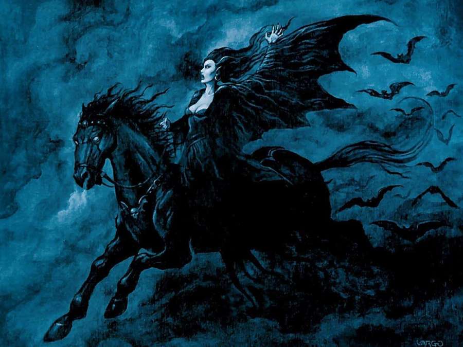 A gothic woman with dark wings rides a horse through a stormy blue night with bats flying around. — Vampire Aesthetic Wallpaper
