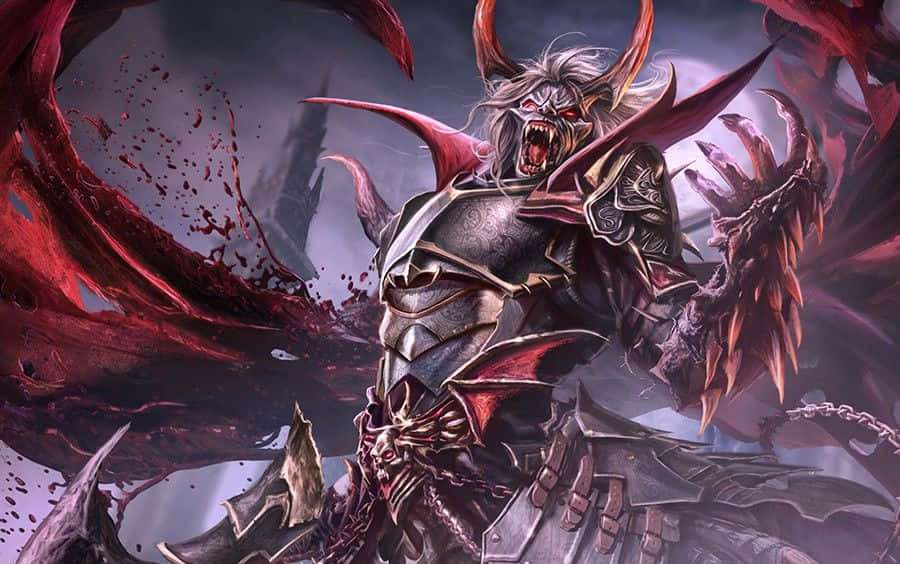 En dæmonisk kriger i pigget rustning brøler med rød energi og blod flyvende omkring ham. — Vampire Lord Wallpapers